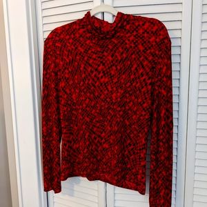 90s Vintage Long Sleeved Cowl Neck Shirt Red Geometric Pattern Sz Med/Large